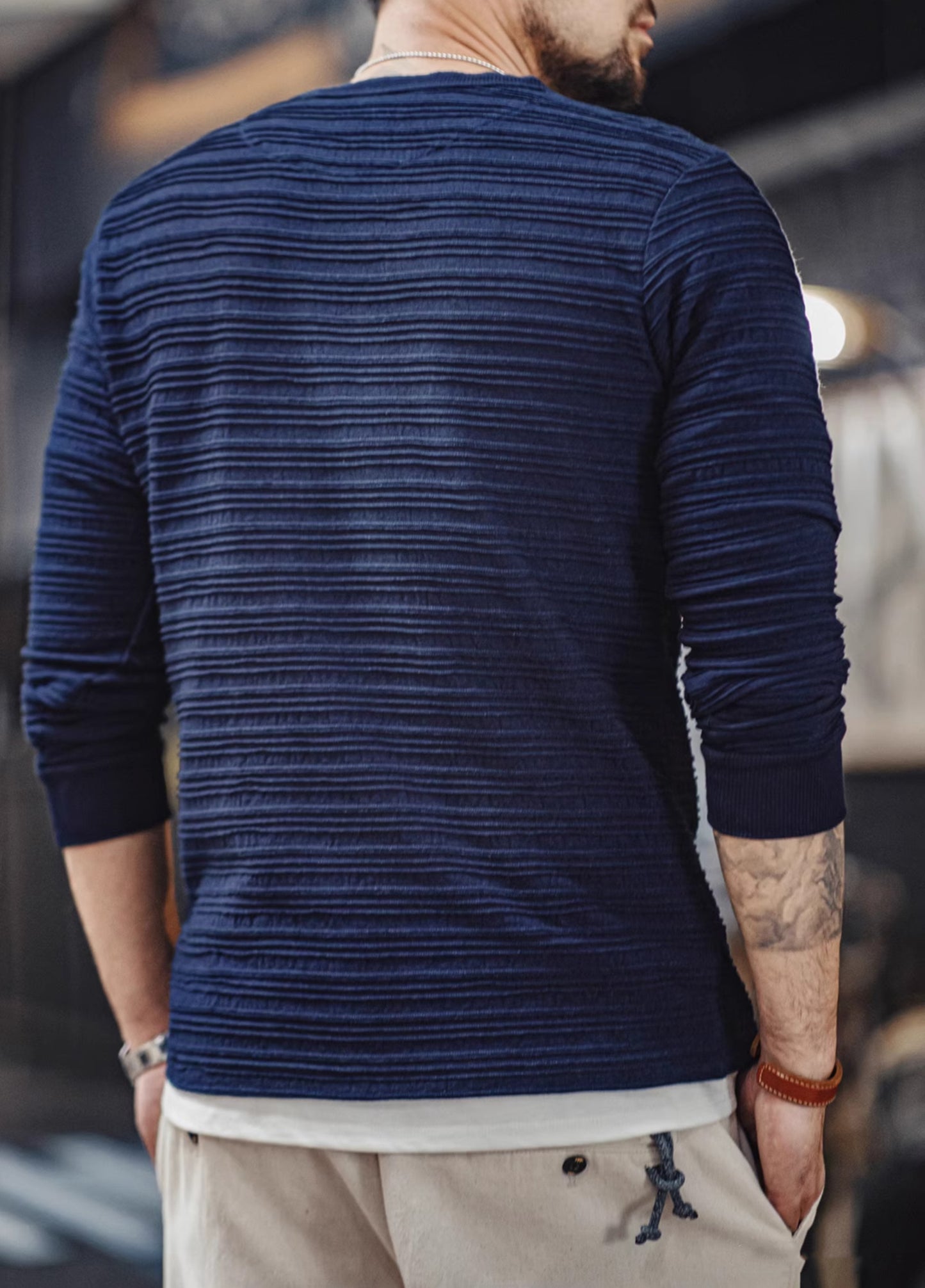 Suéter Vintage para Hombre de Denim Tejido Jacquard Retro Americano con Cuello Henley