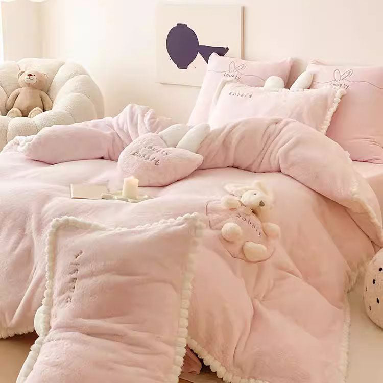 Cute Cartoon Rabbit Velvet Warm Double-Sided Four-Piece Bed Set - Harmony Gallery