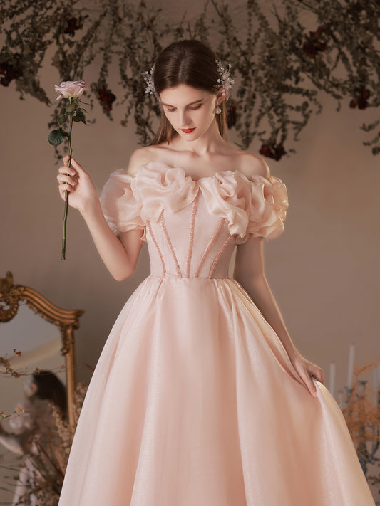 Fairytale Blush Pink Off-Shoulder Ball Gown with Ruffled Bodice - Harmony Gallery