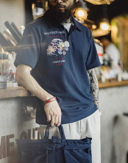 Camiseta masculina de malha polo bordada retrô americana Workwear