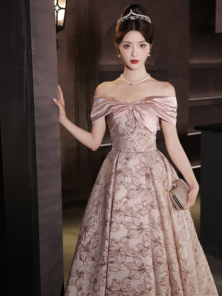 Elegant Pink Off-Shoulder Floral Embroidered Ball Gown - Harmony Gallery