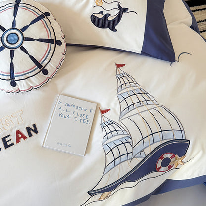 Cute Cartoon Brushed Boy Embroidered Pure Cotton Four-Piece Bed Set