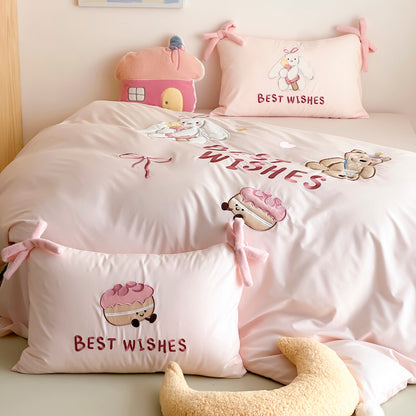 Cartoon Circus Bear Embroidery Pure Cotton Long Staple Four-Piece Bed Set