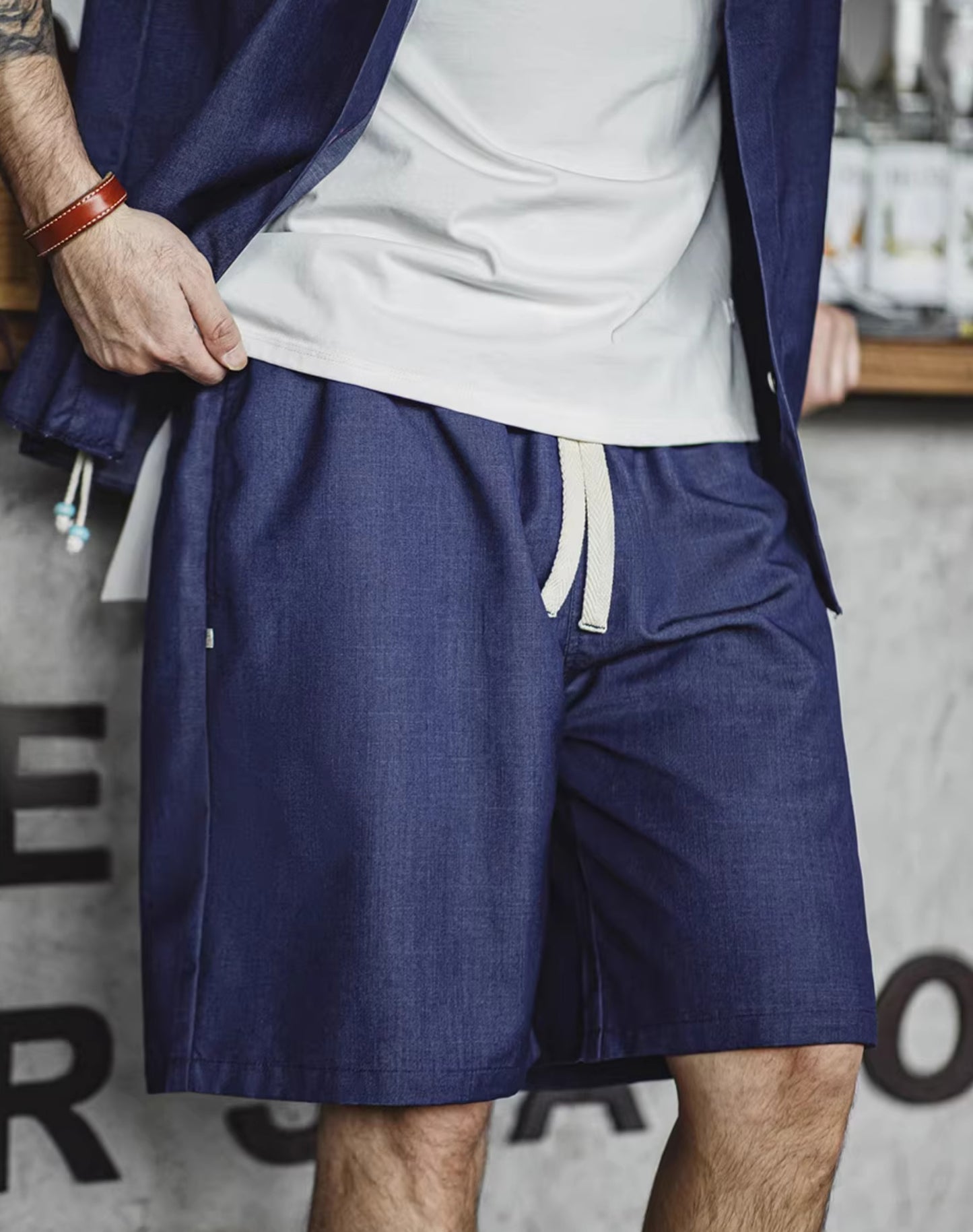 pantalones cortos de hombre con cordón y cintura elástica de mezclilla tencel retro americano