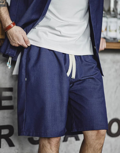 American Retro Tencel Denim Elastic Waist Drawstring Men's Shorts