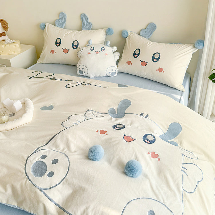 Cartoon Cute Little Fat Dragon Pure Cotton Washed Four-Piece Bed Set