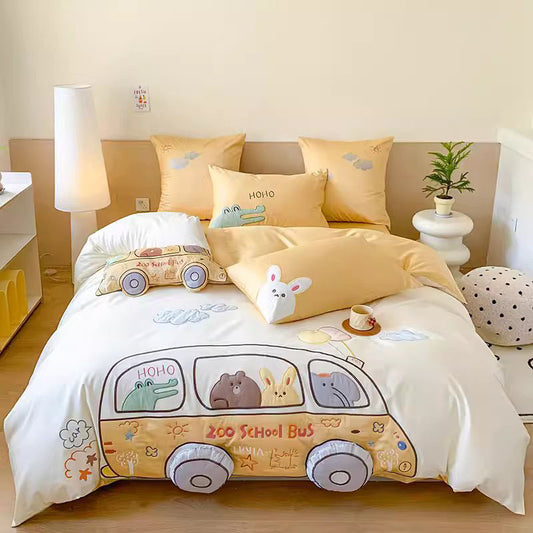 Cartoon Happy Bus Zoo School Four-Piece Pure Cotton Bed Set - Harmony Gallery
