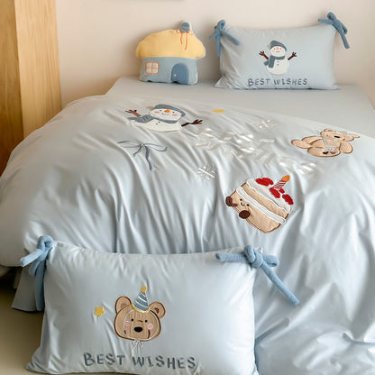 Cartoon Circus Bear Embroidery Pure Cotton Long Staple Four-Piece Bed Set