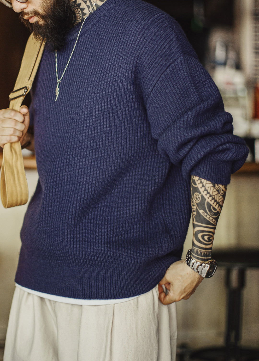 American Ribbed Pullover Striped Knit Cardigan Not Easily Deformed Men's Sweater