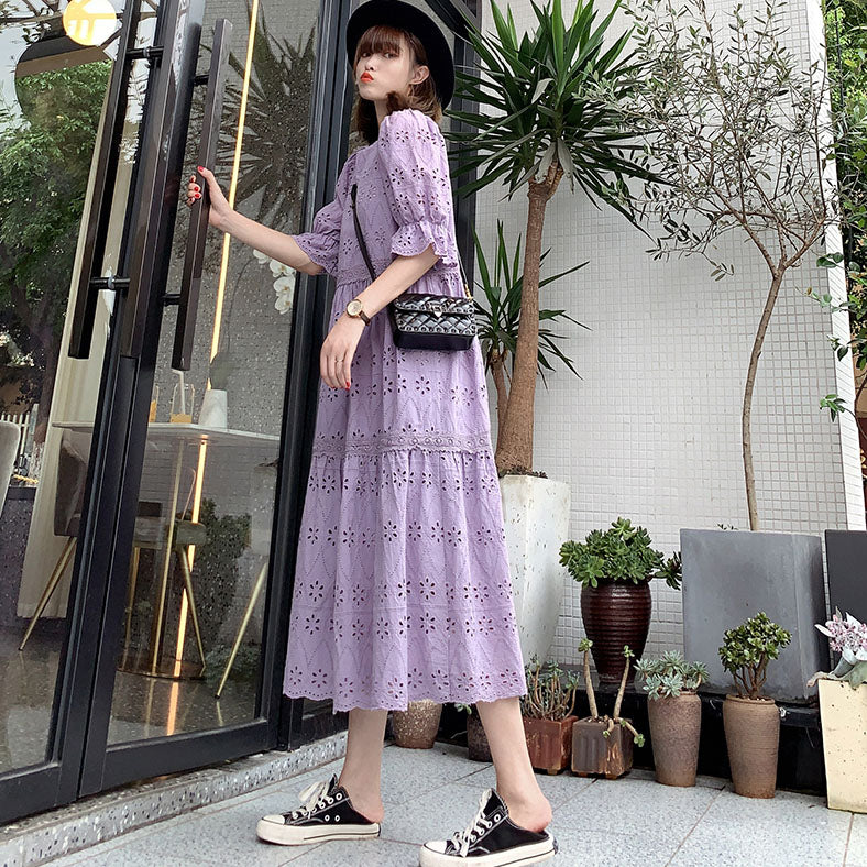 French Lavender Purple Sweet Puff Loose Women's Dress French Lavender Purple Sweet Puff Loose Women's Dress
