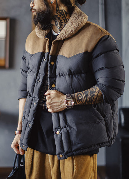 American Retro Color Block Fleece Collar Keep Warm Leisure Men's Jacket