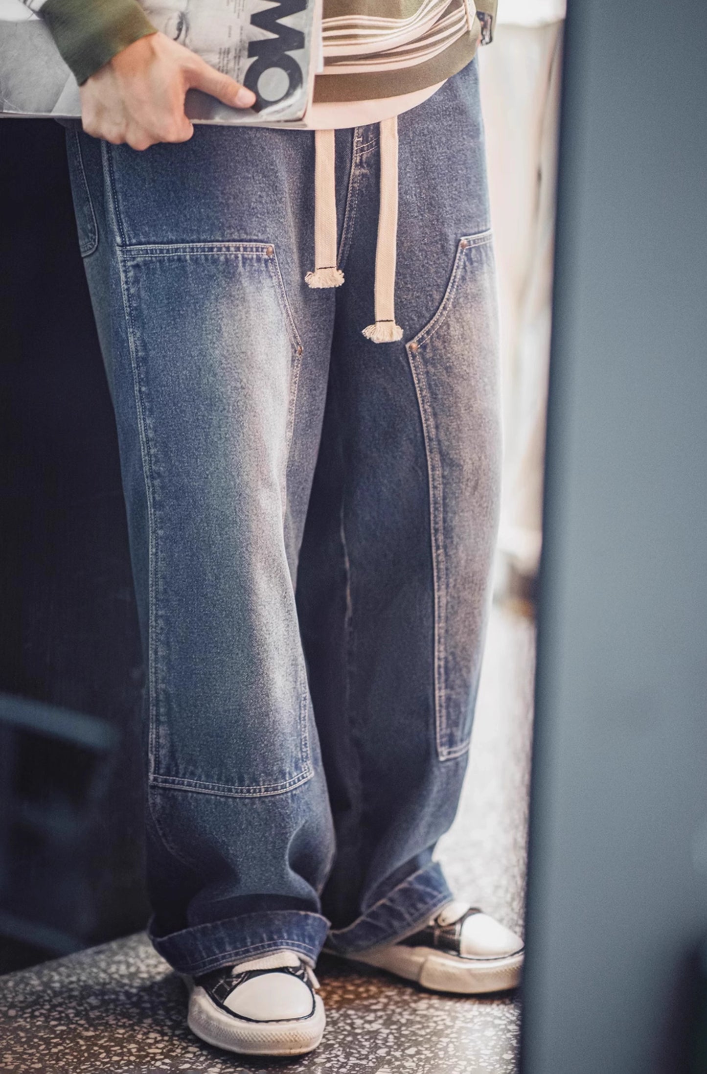 American Retro Double Knee Logging Washed And Distressed Wide-Leg Men's ...