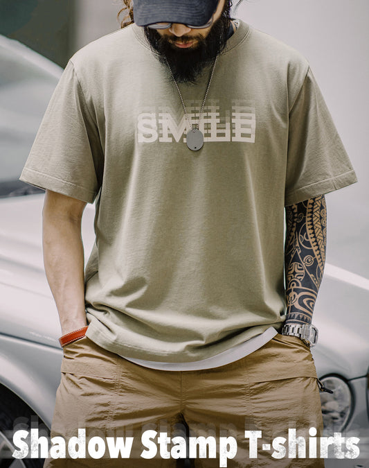 아메리칸 레트로 그라데이션 문자 고스트 인쇄 헤비 코튼 남성 티셔츠