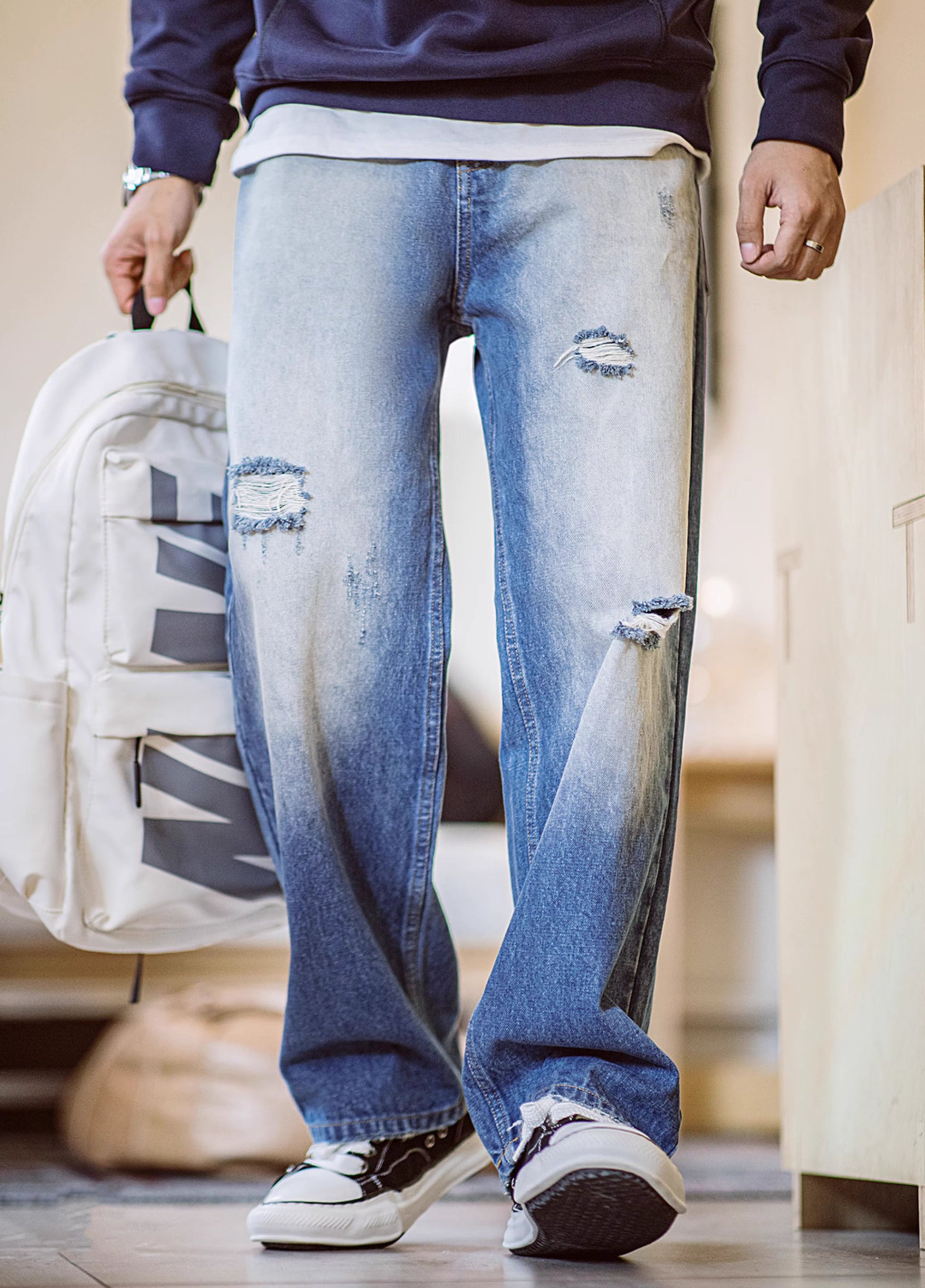 American Retro Casual Ripped Washed White Men's Jeans - Harmony Gallery