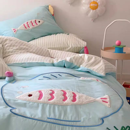 Cute Cartoon Fish Embroidered Washed Four-Piece Cotton Bed Set - Harmony Gallery