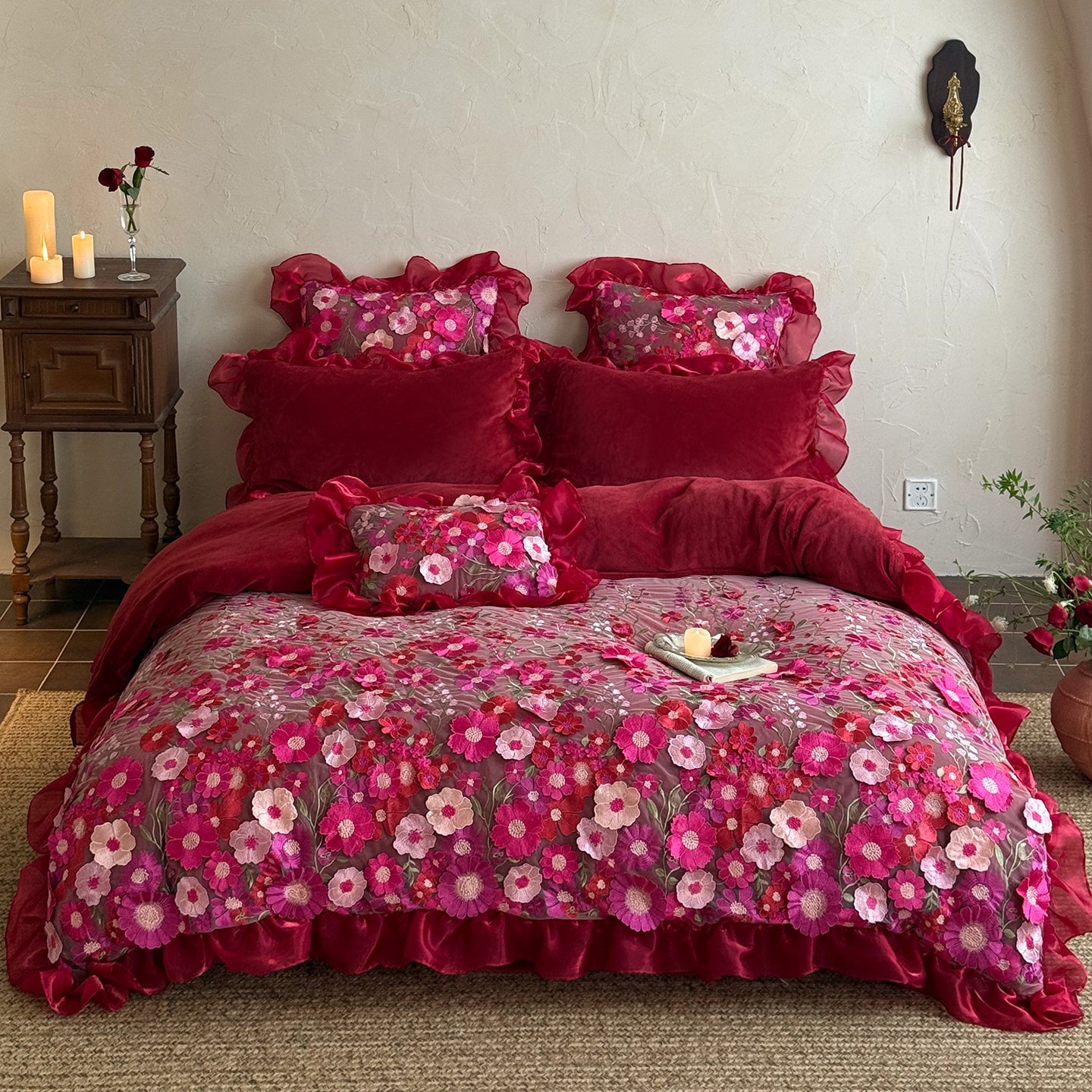 French Ruffled Winter Thickened Coral Fleece Warm Four-Piece  Bed Set