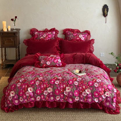 French Ruffled Winter Thickened Coral Fleece Warm Four-Piece  Bed Set