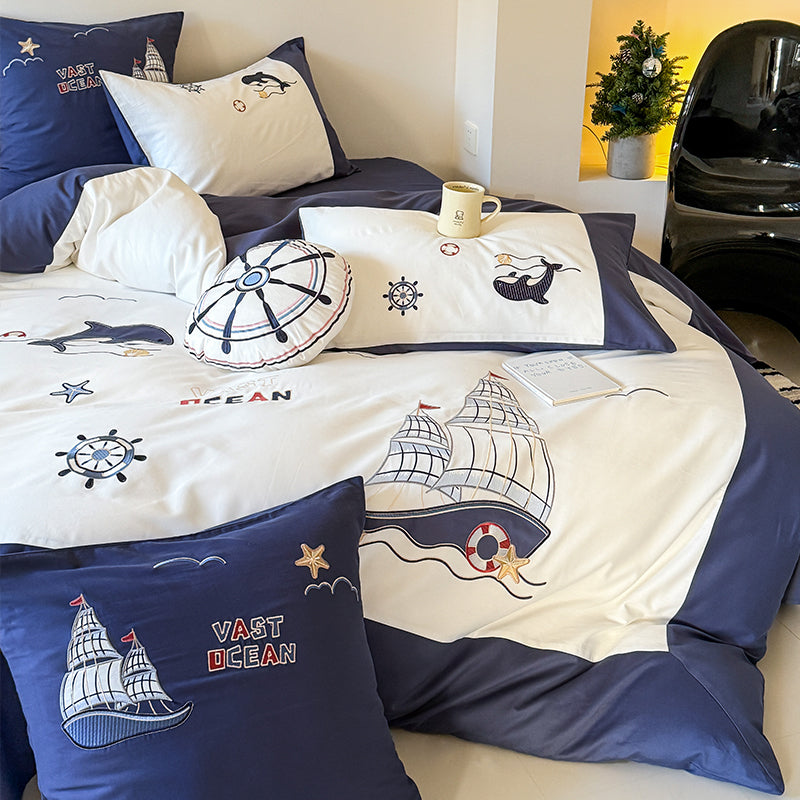 Cute Cartoon Brushed Boy Embroidered Pure Cotton Four-Piece Bed Set
