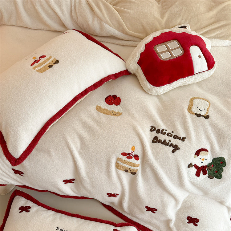 Winter Creamy Cake Snowman Thickened Cashmere Four-Piece Fleece Bed Set