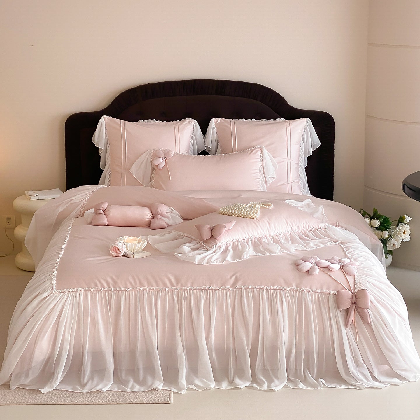 French Girly Lace-Trimmed Bow Princess Four-Piece Cotton Long-Staple Bed Set