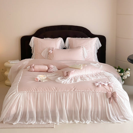 French Girly Lace-Trimmed Bow Princess Four-Piece Cotton Long-Staple Bed Set