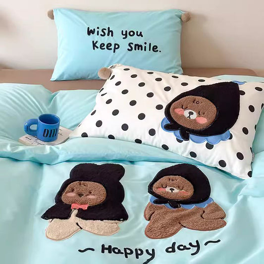 Cute Cartoon Bear Embroidered Washed Four-Piece Cotton Bed Set - Harmony Gallery