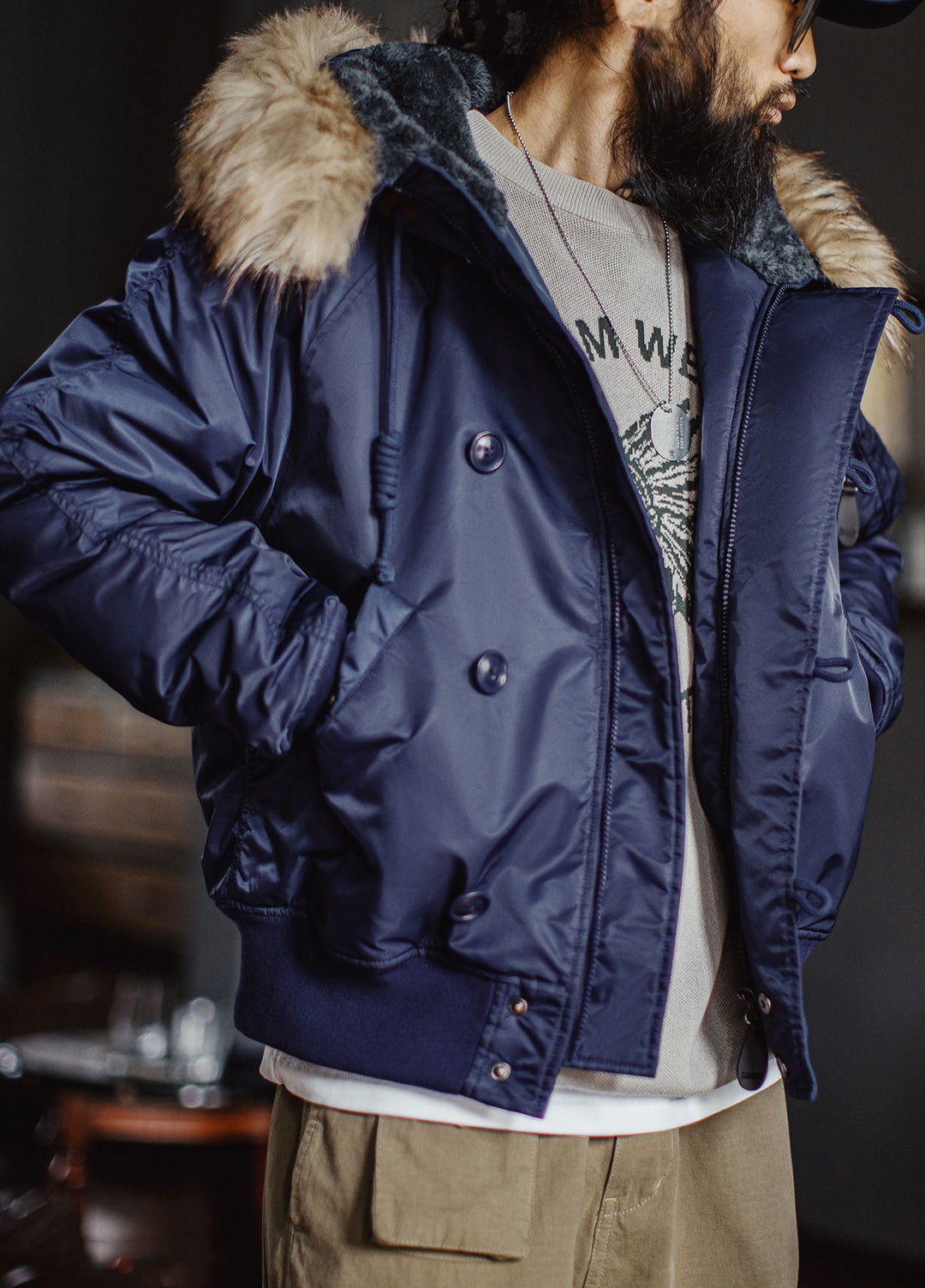 American Retro N2A Fur Collar Parka Blue Mountain Eagle Cotton Men's Jacket