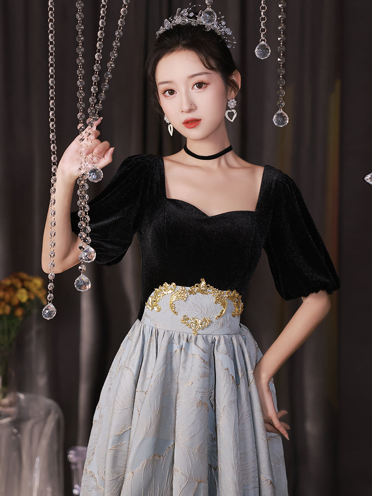 Elegant Black and Gold Puff Sleeve Velvet Top Gown with Embroidered Skirt - Harmony Gallery
