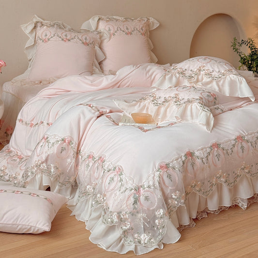 French Fleece Lace Trim Thickened Mattress High Density Four-Piece Bed Set