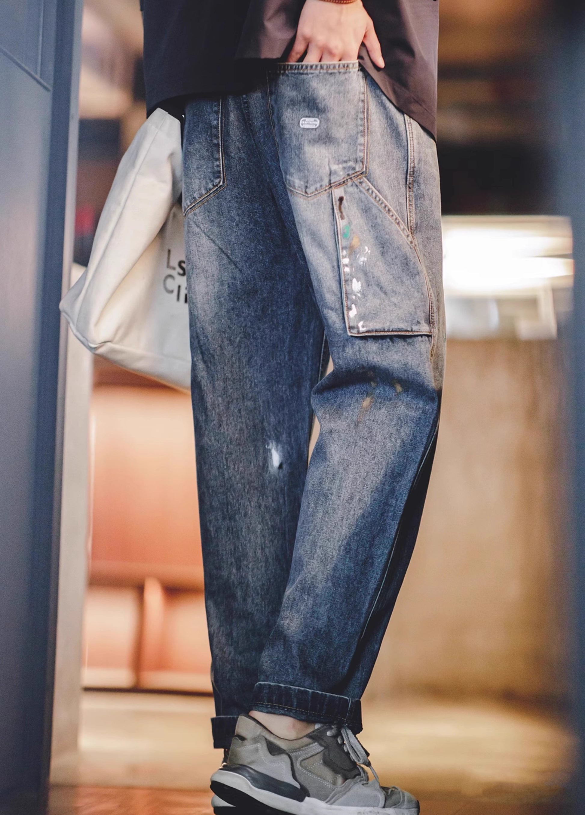 American Retro Splash-Ink Graffiti Washed Logging Men's Jeans