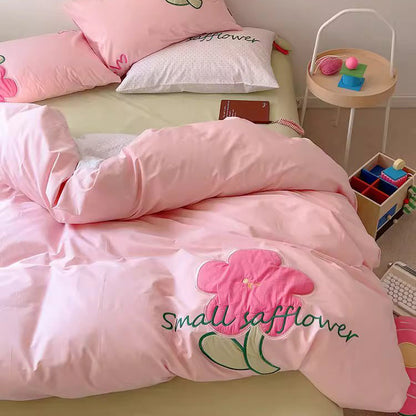 Girly Flower Pink Washed Four-Piece Pure Cotton Super Soft Bed Set - Harmony Gallery