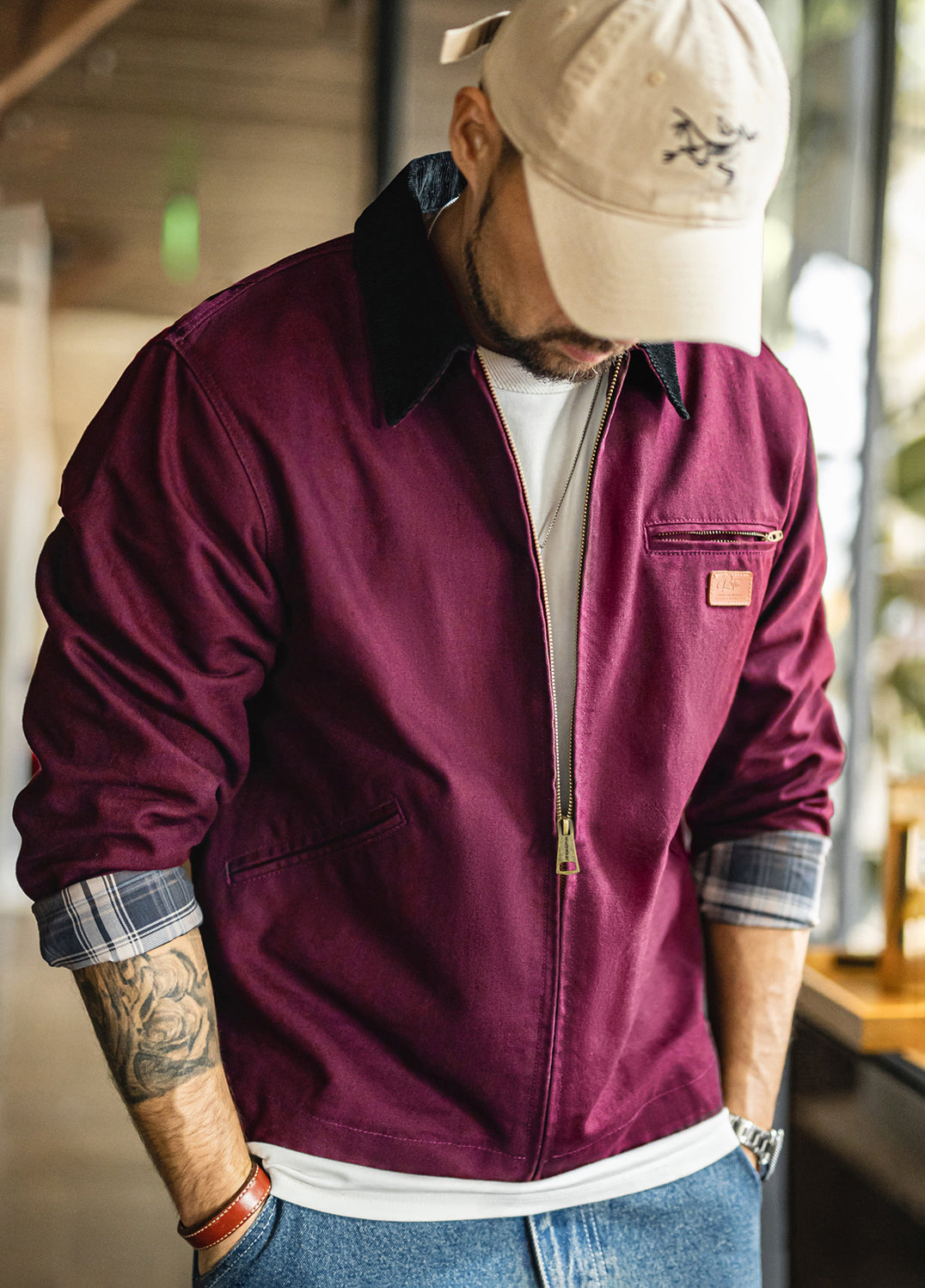 American Retro Detroit Navy Blue Hunting Barn Dragon Fruit Color Men's Jacket - Harmony Gallery