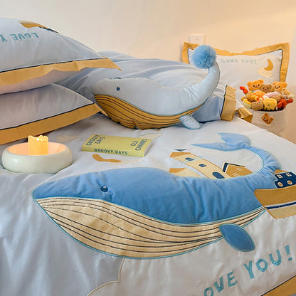 Cute Cartoon Whale For Boy And Girl  Pure Cotton Four-Piece Bed Set