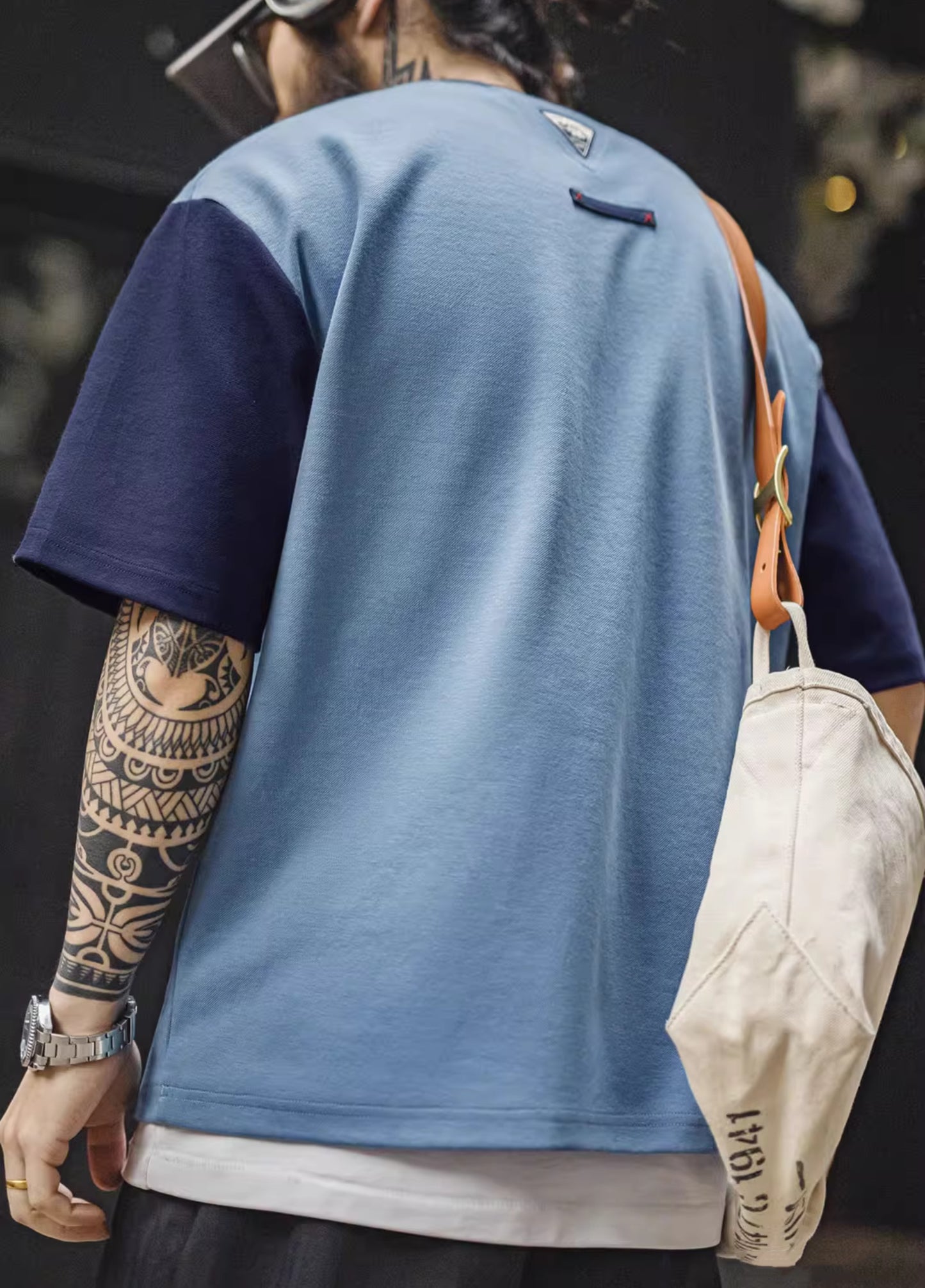 American Retro Threaded Neckline Drop Air Layer Contrast Color Men's T-Shirt - Harmony Gallery