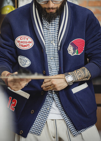 American Retro Shawl Collar Cardigan Fleece Warm Short Baseball Men's Jacket