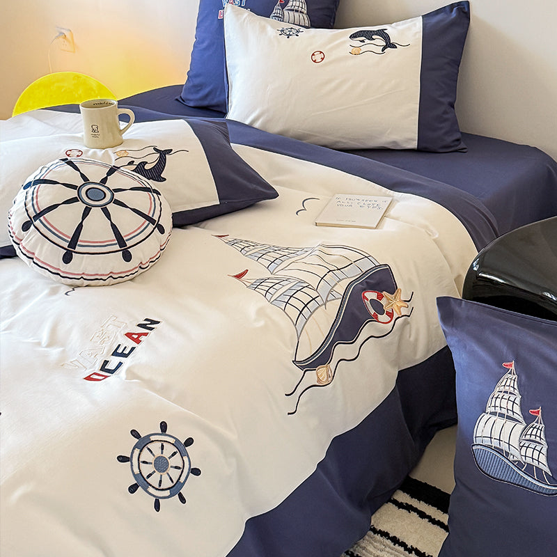 Cute Cartoon Brushed Boy Embroidered Pure Cotton Four-Piece Bed Set