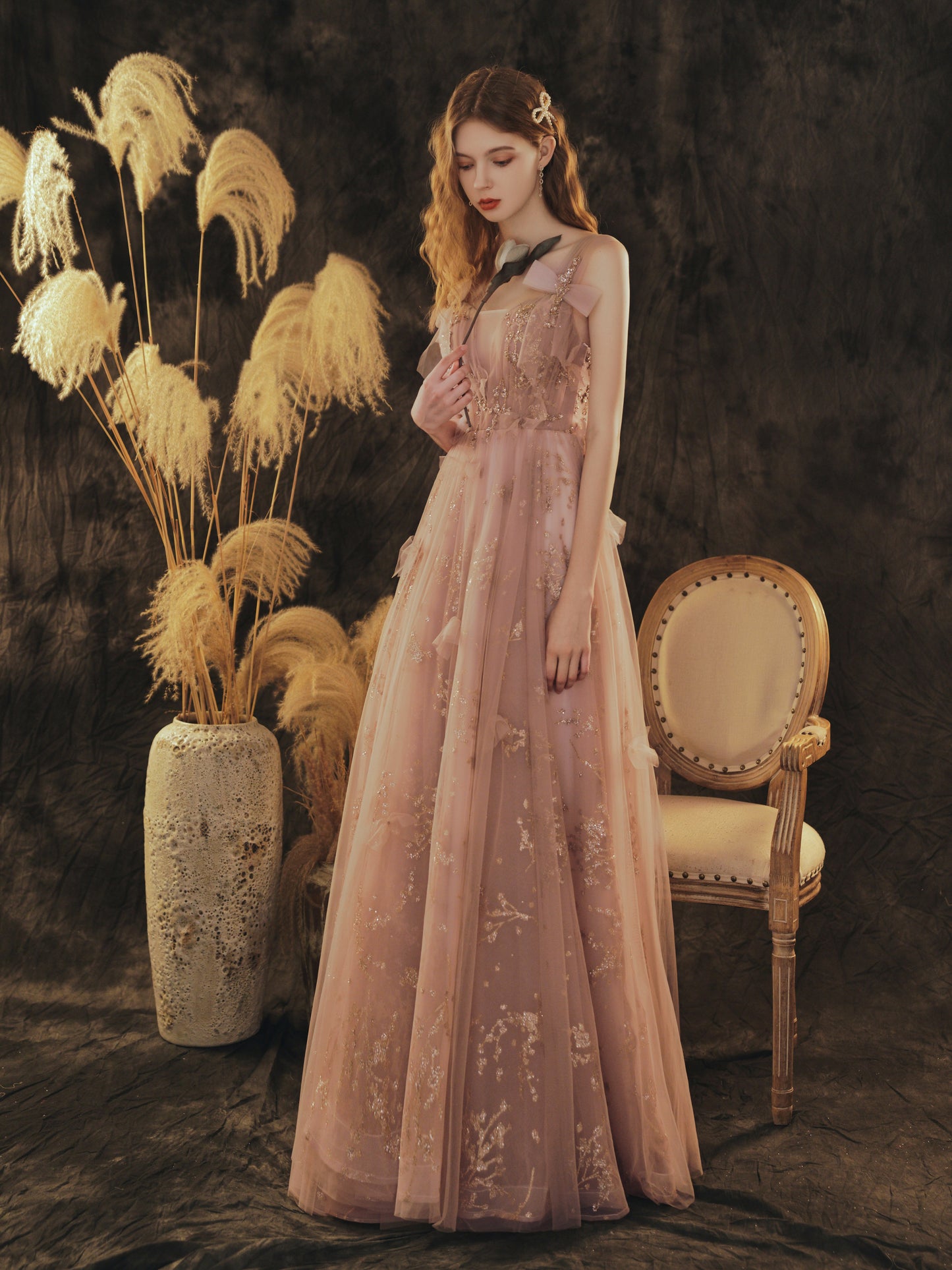 Elegant Rose Gold Glitter Tulle Evening Gown with Bow Accents - Harmony Gallery
