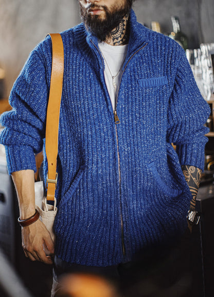 American Ice Blue Cardigan Thick High Neck Warm Knitwear Winter Men's Jacket