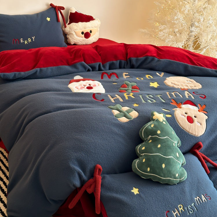 Christmas Old Man Thickened Santa Four-piece Set Warm Milk  Bed Set - Harmony Gallery