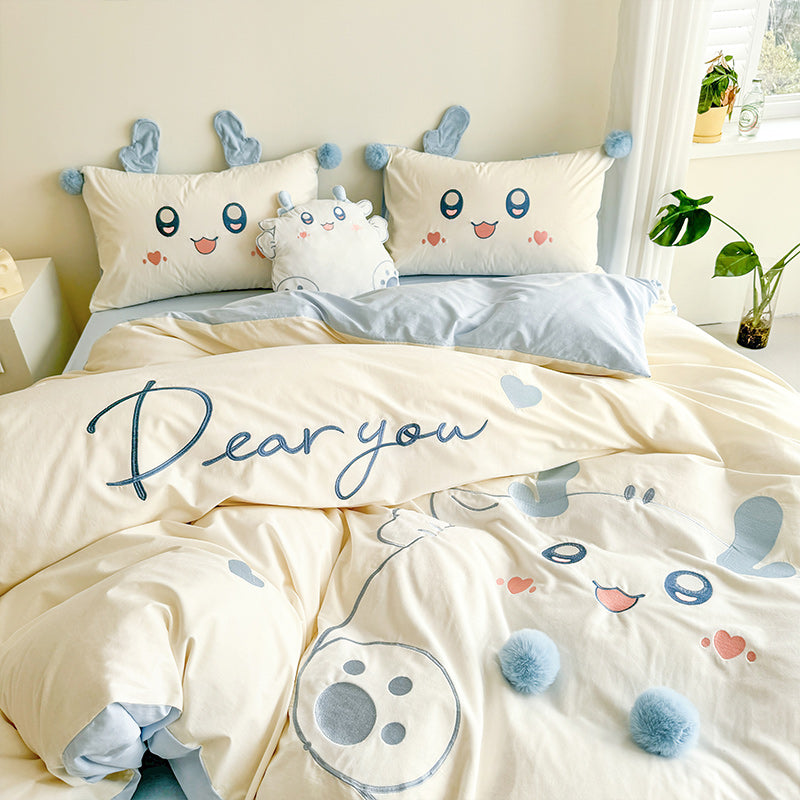 Cartoon Cute Little Fat Dragon Pure Cotton Washed Four-Piece Bed Set