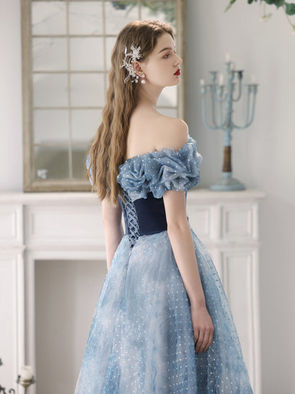 Enchanting Off-Shoulder Blue Tulle Ball Gown with Ruffled Bodice - Harmony Gallery