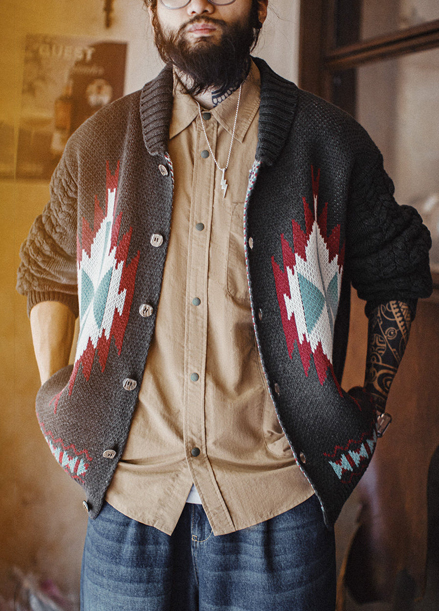 American Charcoal Gray Vintage Fruit Collar Cardigan Knitted Elasticity Men's Jacket - Harmony Gallery