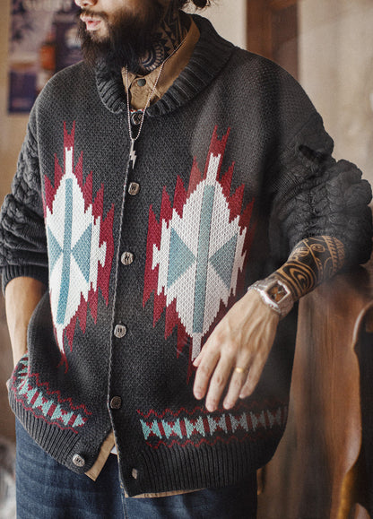 American Charcoal Gray Vintage Fruit Collar Cardigan Knitted Elasticity Men's Jacket - Harmony Gallery