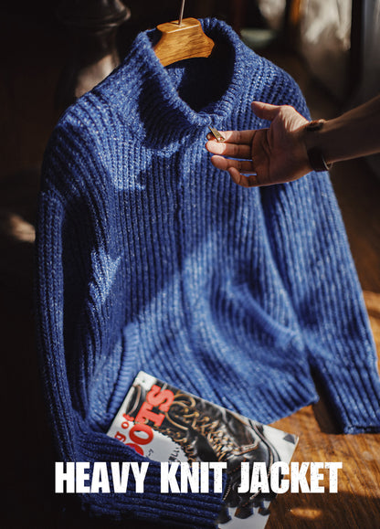 American Ice Blue Cardigan Thick High Neck Warm Knitwear Winter Men's Jacket