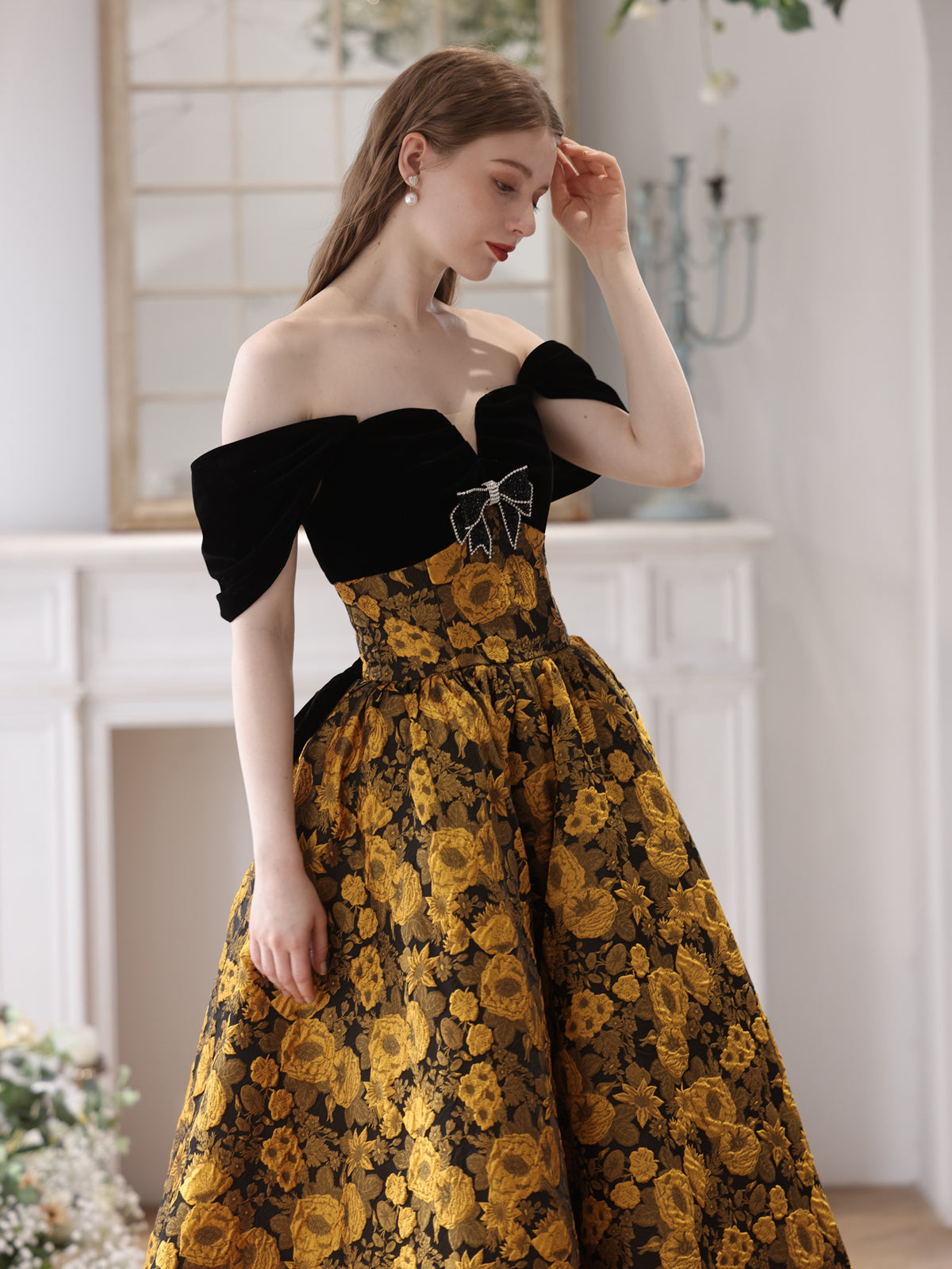 black dress with gold bow Celeste Sequin Bow Mini Dress - Gold