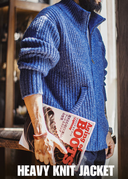 American Ice Blue Cardigan Thick High Neck Warm Knitwear Winter Men's Jacket