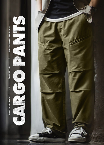 American Retro Double Pleated Parachute Cotton Drawstring Men's Trousers