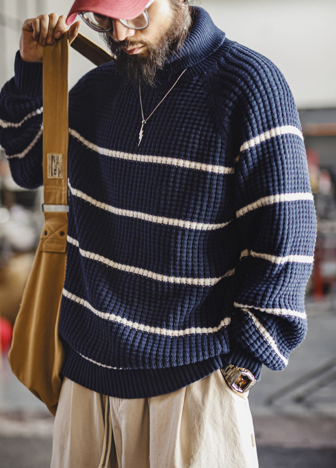 American Striped Raglan Sleeve Turtleneck Knit Thickened And Warm Men's Sweater - Harmony Gallery