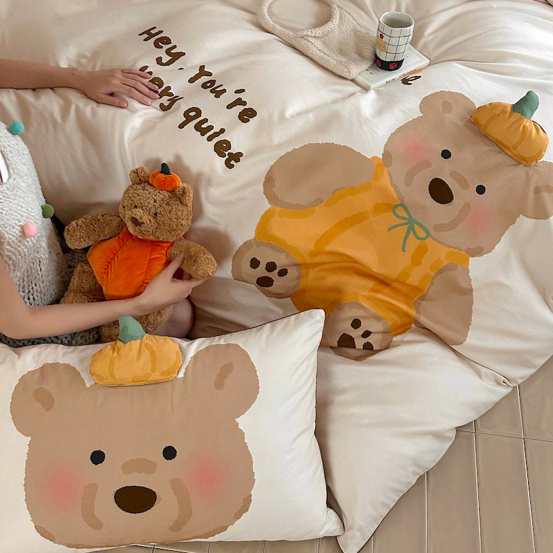 Cartoon Pumpkin Bear Fall And Winter Warm Cotton Sanded Four-Piece Bed Set - Harmony Gallery