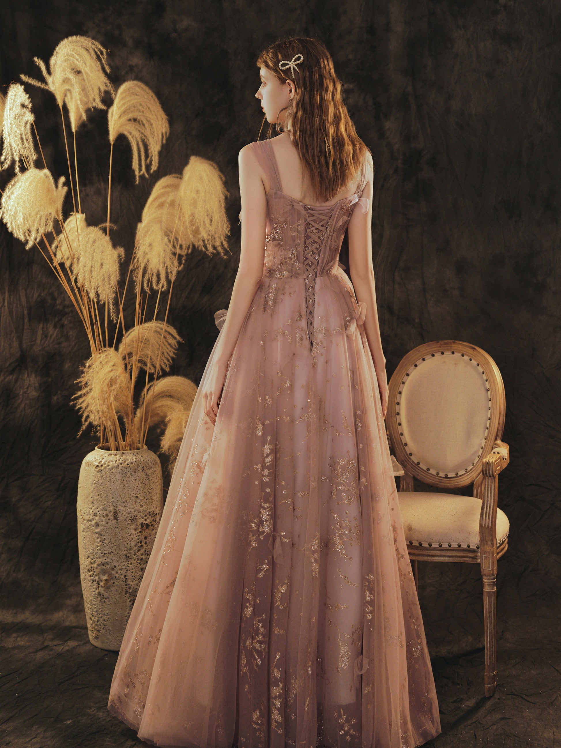 Elegant Rose Gold Glitter Tulle Evening Gown with Bow Accents Elegant Rose Gold Glitter Tulle Evening Gown with Bow Accents